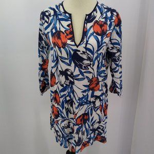 J Crew Size Medium Tunic Top Cotton V neck Red Blue White 3/4 Sleeve